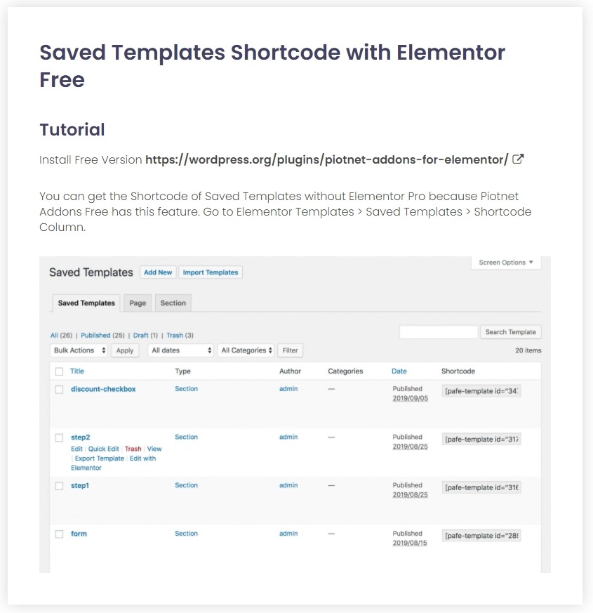 Saved Templates Shortcode with Elementor Free - PAFE
